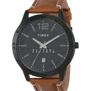 Timex Watch With a Brown Leather Strap And Black Dial