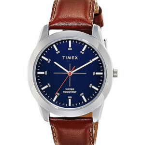 Timex Watch With a Blue Dial, Brown Strap, And Silver Case Color Combination