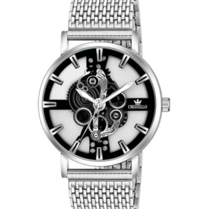 Crestello Silver Stainless Steel Bracelet Watch With a Black And White Skeleton Dial