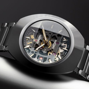 Rado Diastar Watch With a Silver Case And a Black-And-Gray Skeleton Dial