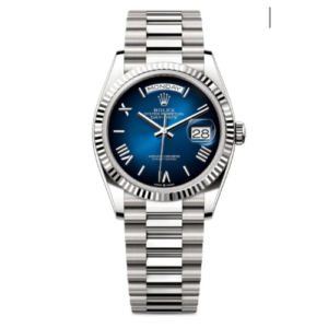 Rolex Day-Date 40 mm White Gold Fluted Bezel Blue Ombre Dial President Bracelet Swiss Eta