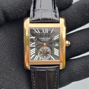 Cartier Rectangular Rose Gold Watch with a Black Dial and Leather Strap