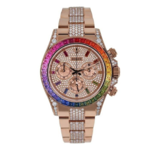 Rolex Daytona Chronograph Watch with an Everose Gold Case and Rainbow Gem-Set Bezel