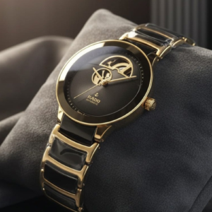 Rado Watch With a Black and Gold Design and a Skeleton Dial