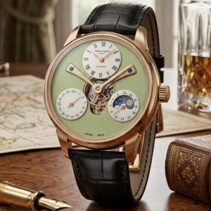 Patek Philippe Rose Gold Watch With Green Dial And Black Leather Strap