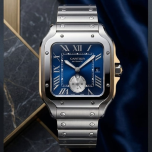 Cartier Watch With A Blue Dial And Silver Stainless Steel Finish.