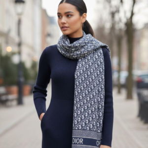 Christian Dior Stole With a Navy Blue and Grey Pattern
