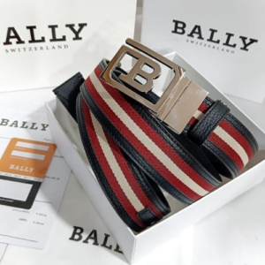 Bally Belt with a Navy, Red, and Beige Striped Pattern