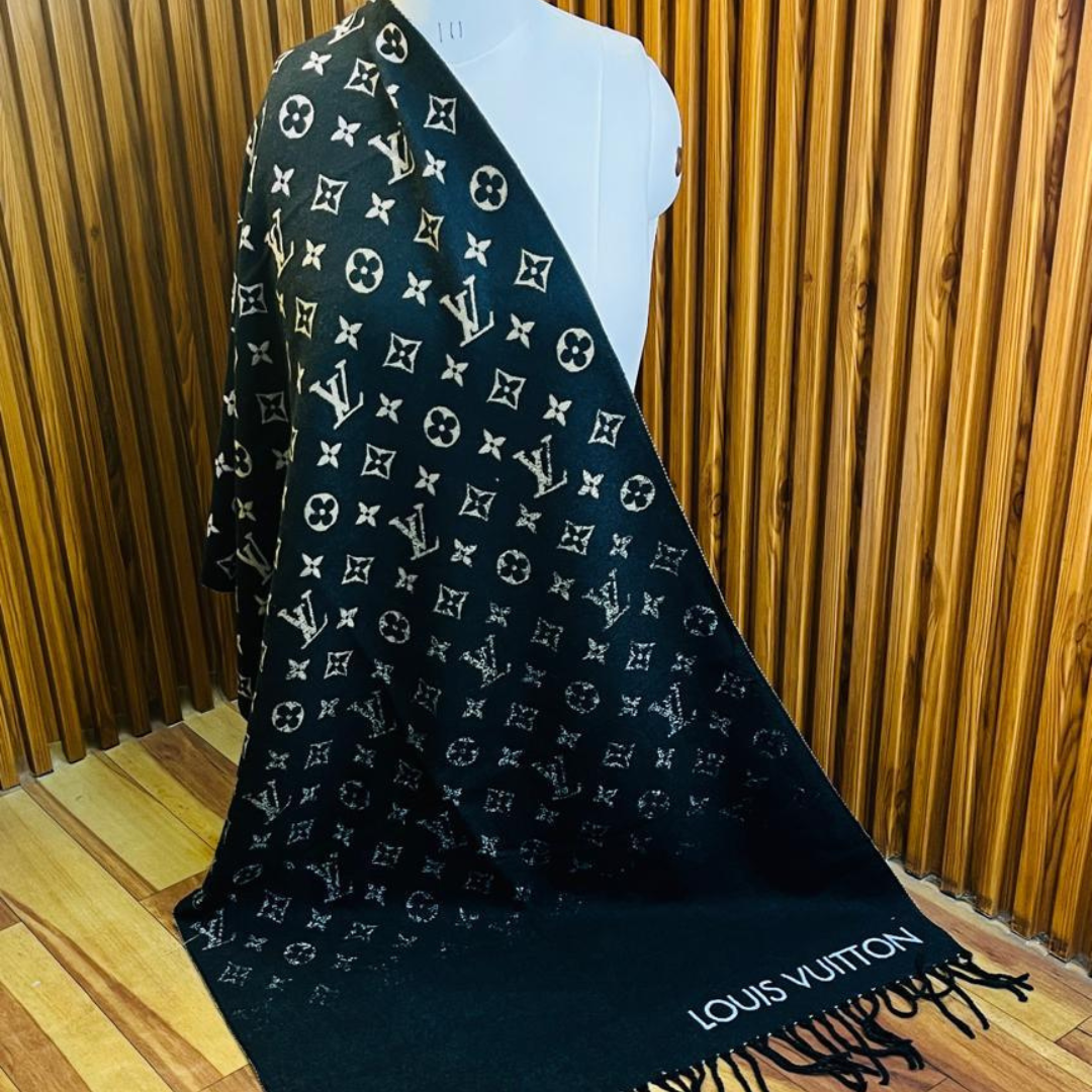 Louis Vuitton Stole With a Black Base And White Monogram Pattern