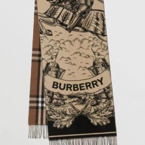 Burberry Wool Stole with Beige and Black illustrated Motif and Signature Check Pattern in Brown