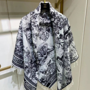 Dior Toile De Jouy Wool Stole in Ivory and Navy with Fringed Edges