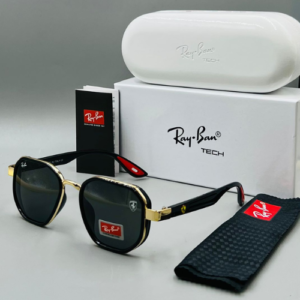 Ray-Ban Square Frame Sunglasses with Black Lenses and Gold Accents