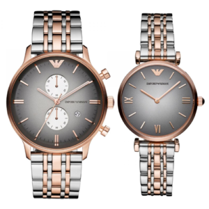 Emporio Armani Grey Dial Two Tone Band Stainless Steel Couple Watch
