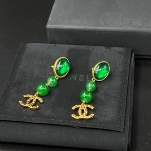 Chanel Gold-Tone Drop Earrings with Green Bead Accents and Logo Charm