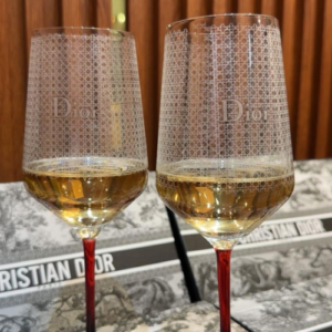 Dior Wine Glasses with a Red Stem and Elegant Silver Texture