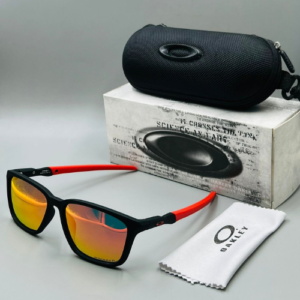 Oakley Square Frame Acetate Sunglasses with Orange-Tinted Lenses and Red Temples