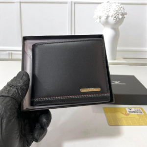 Emporio Armani Bi-Fold Wallet with Black Smooth Leather and Red Stitching Detail