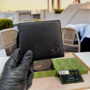 Gucci Black Bi-Fold Wallet with Interlocking G logo and Striped Detailing