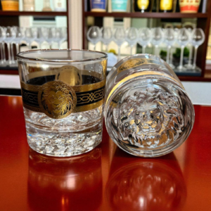 Versace Crystal Whiskey Glasses with Gold Tone Medusa Head Detailing