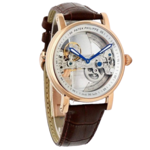 Patek Philippe Automatic Rose Gold Transparent Dial Leather Strap